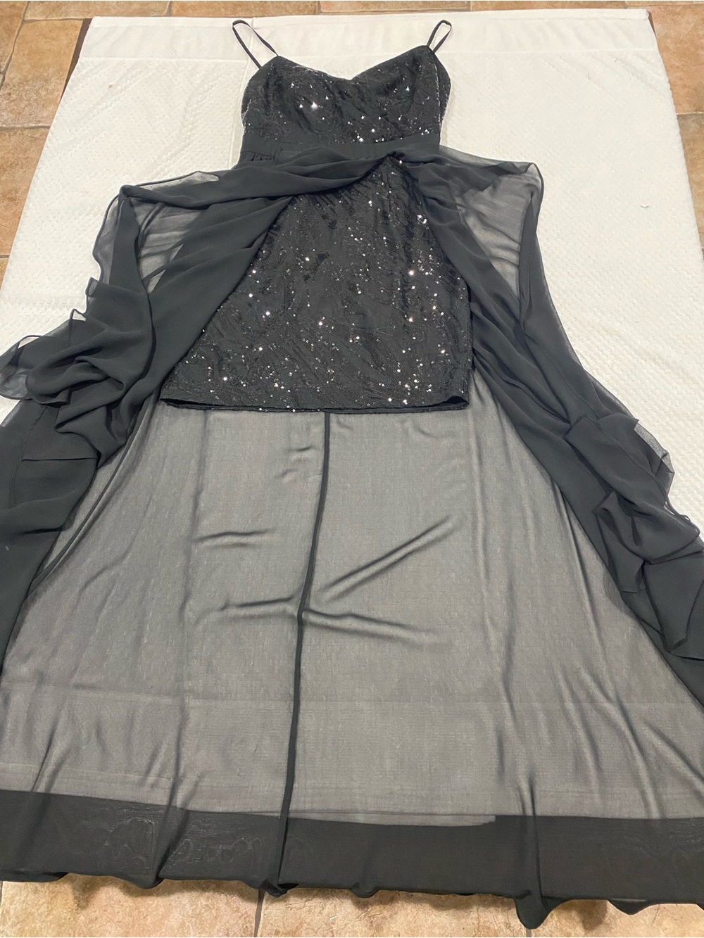 Black Sequin High-Low Evening Dress with Chiffon Overlay